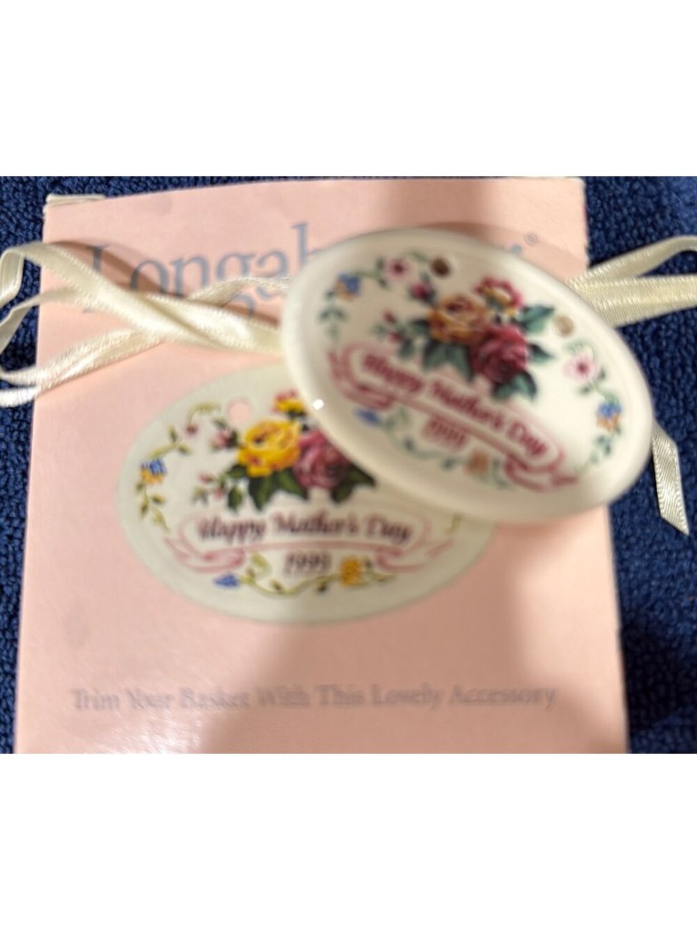 Longaberger 1999 Happy Mothers Day Floral Basket Tie-On Ornament With Ribbon